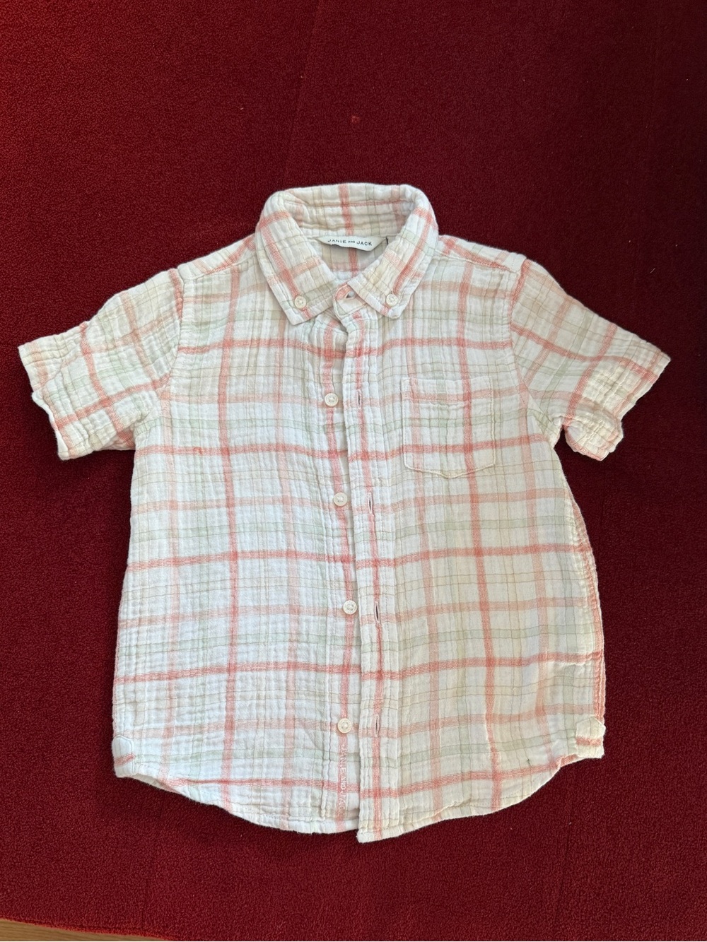 Janie and Jack White, sea foam, and Pink Plaid Short-Sleeve Button-Down Shirt 3T